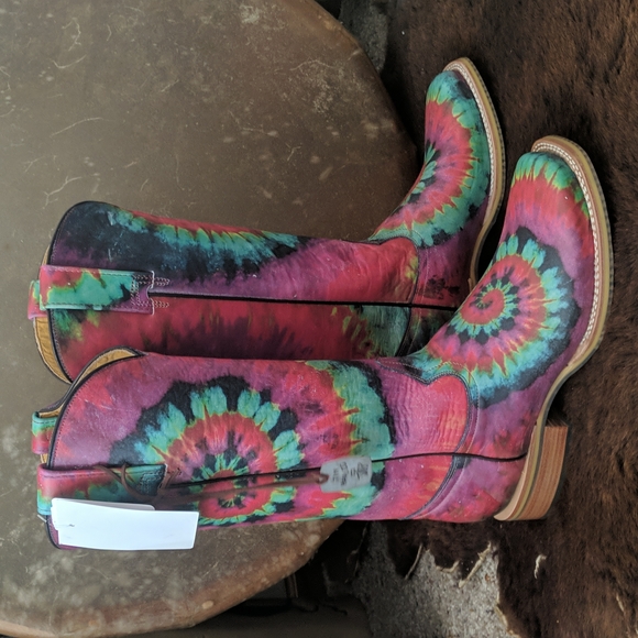 TIN HAUL "Happy Hippie" groovy rainbow tie dye leather cowgirl boots in box NWT - Picture 12 of 16